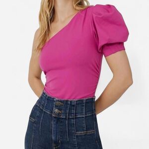 Free People “Something About You” Dramatic One-Shoulder Puff Sleeve Bodysuit Sm